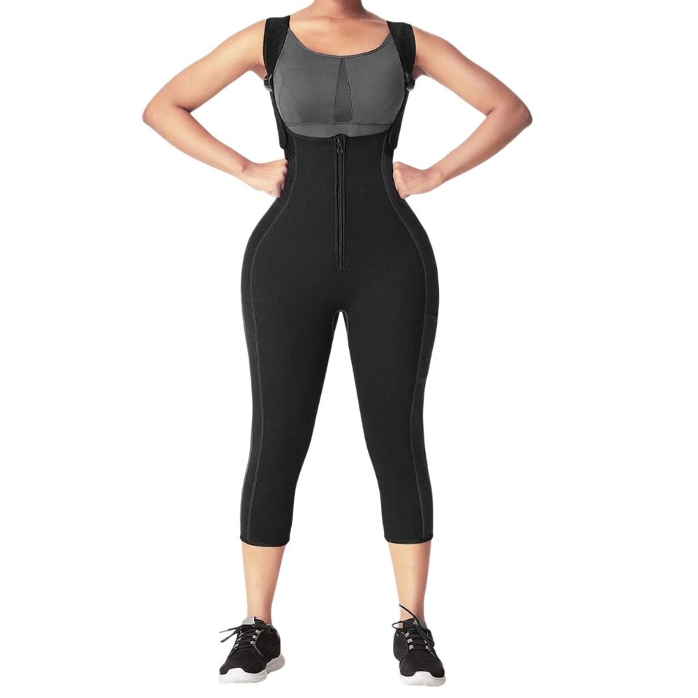 Neoprene Underbust Fitness Bib Overalls Shapewear Jumpsuit w/ Zipper & Pocket M - Picture 3 of 8